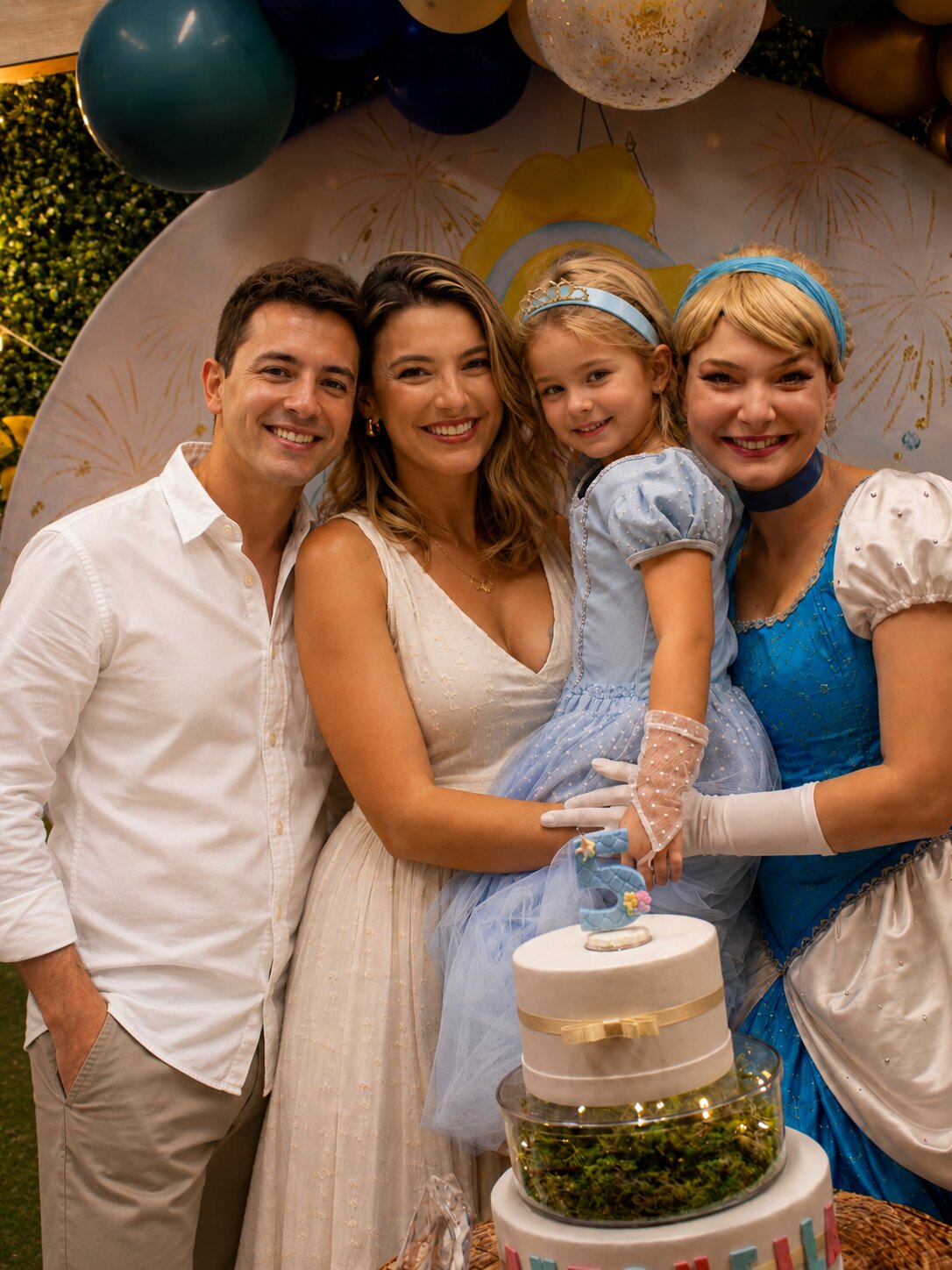 Família comemorando com a Cinderela e o bolo de 5 anos na festa